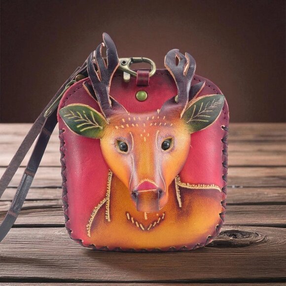 Handmade Leather 3D DEER Coin Purse Wristlet Keychain Zipper Pouch Animal Wallet - Picture 1 of 2